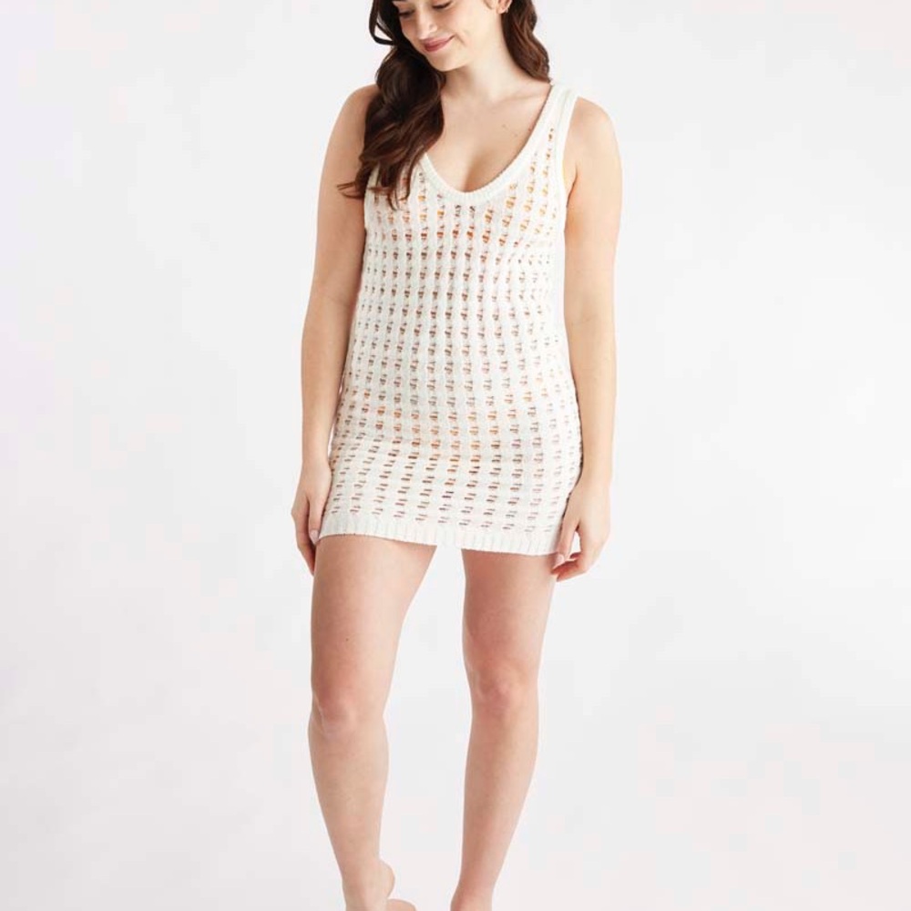 Open Knit V-Neck Cover-Up Dress in White